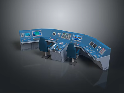 Blue Control Console With Multiple Displays Buttons And Operator Chairs 3d model