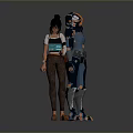 Black Haired Human Character With Scroll Standing By Blue Armored Creature With Orange Hair