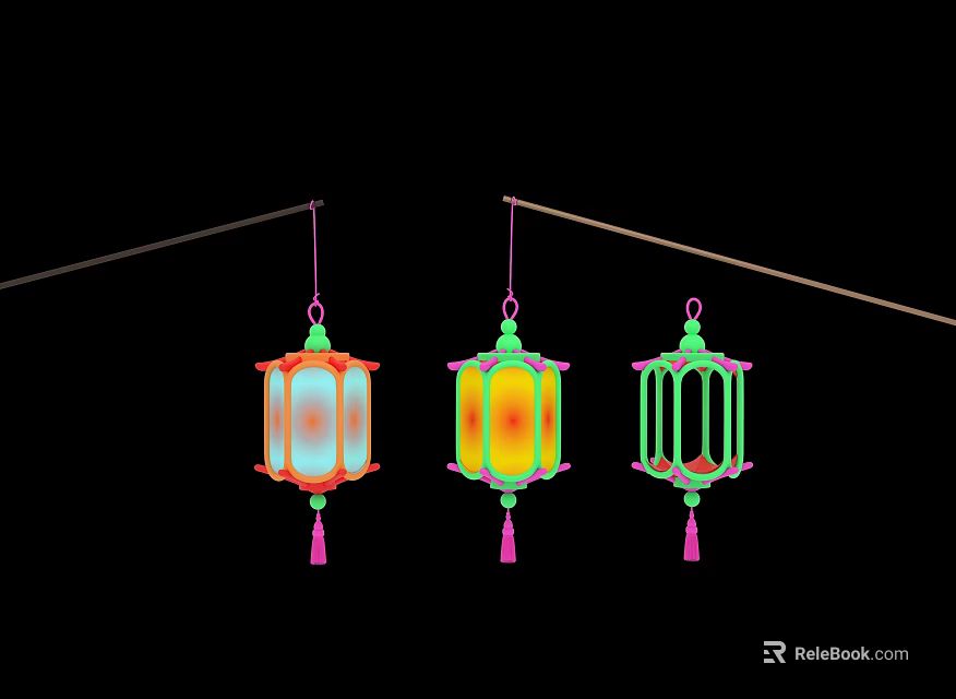 Colorful Chinese Lanterns Hanging on String with Bright Patterns and Pink Tassels 3d model 