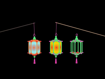 Colorful Chinese Lanterns Hanging on String with Bright Patterns and Pink Tassels 3d model