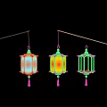 Colorful Chinese Lanterns Hanging on String with Bright Patterns and Pink Tassels