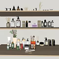 Perfumes and Cosmetics on Wooden Shelves with Various Bottles Jars Lipsticks Brushes
