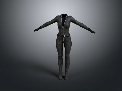 Black Long Sleeved Fitted Jumpsuit With Front Zipper And Waist Belt For Modern Fashion 3d model