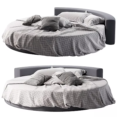Round Double Bed With Herringbone Pattern Bedspread And Gray White Pillows 3d model