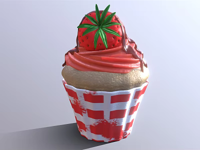 Delicious Cupcake With Red Cream Strawberry Decoration Chocolate Drizzle And Red White Checkered Paper Cup 3d model