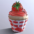 Delicious Cupcake With Red Cream Strawberry Decoration Chocolate Drizzle And Red White Checkered Paper Cup