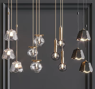 Stylish Modern Pendant Lights With Glass Globes And Gold Metal Frames 3d model