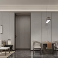 Modern Living and Dining Room Interior With Wooden Sofa Marble Wall Coffee Table and Dining Chairs