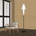 White Cushioned Wooden Accent Chair With Floor Lamp By Window And Paneled Wall