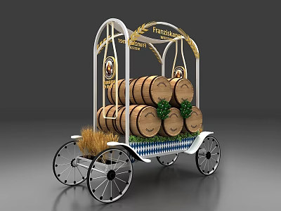 Traditional Wooden Barrel Cart Commercial Equipment with Wheat Ears and Blue White Stripes 3d model