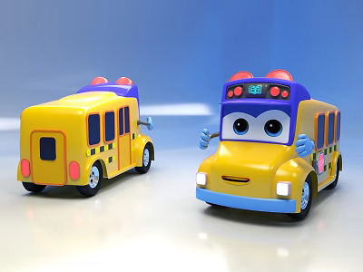 Cartoon Yellow School Bus Functional Vehicle Toys With Big Eyes Red And Blue Lights 007 3d model