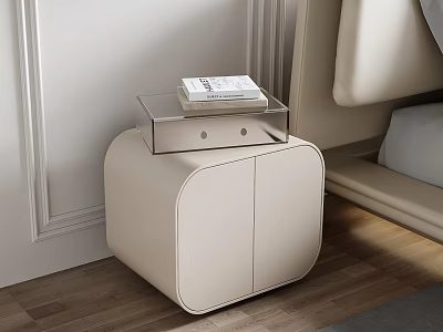 Modern Minimalist Light Beige Bedside Table With Glass Top And Books In Bedroom Setting 3d model