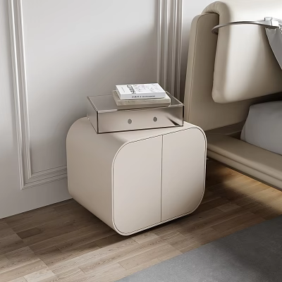 Modern Minimalist Light Beige Bedside Table With Glass Top And Books In Bedroom Setting 3d model