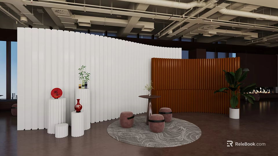 Interior Design With White Wavy Partition Wooden Panel Red Vase And Green Plants 3d model 