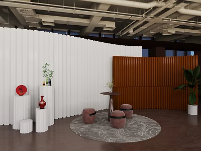 Interior Design With White Wavy Partition Wooden Panel Red Vase And Green Plants 3d model