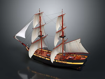 Detailed Classic Sailing Ship With Multi Mast White Sails And Black Red Hull Design 3d model
