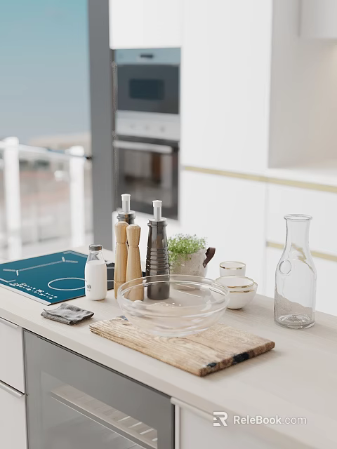 Modern Open Plan Kitchen Interior With White Cabinets Oven And Countertop Decor 3d model 