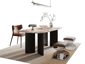 Modern Italian Desk and Chair Combination Modern Desk and Chair Acrylic Stool Study Chandelier Flat-shaped Chandelier Desk Decoration Table Lamp Vase Green Planting Leather Single Chair 3d model
