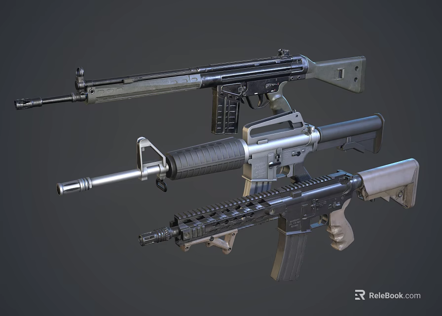 Tactical Military Style Rifles Featuring Different Designs Barrels Magazines And Stocks 3d model 