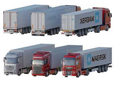 Multiple Commercial Cargo Trucks In Various Colors With MAERSK Brand Container Trailers 3d model