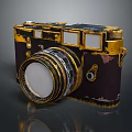 Vintage Digital Camera Retro Design With Gold Accents Dark Body Round Lens And Control Buttons