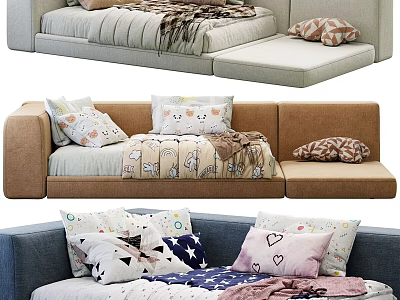 Cozy Kids Bed with Colorful Pillows Cartoon Geometric Patterns and Soft Blankets 3d model