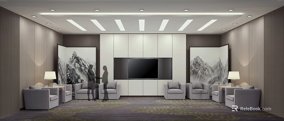 Modern Hotel Public Lounge With Comfortable Sofas TV Screen Mountain Paintings And Ceiling Light Strips 3d model 