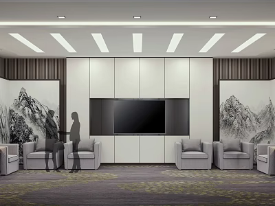 Modern Hotel Public Lounge With Comfortable Sofas TV Screen Mountain Paintings And Ceiling Light Strips 3d model