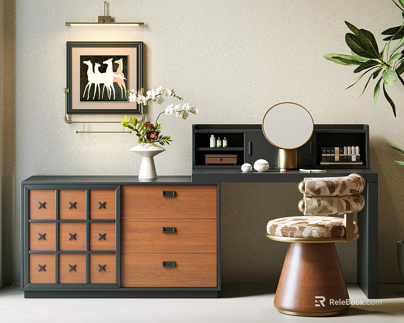 Classic Dressing Table With Wooden Drawers Round Mirror Decorative Stool Wall Art And Green Plant 3d model 