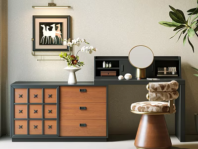 Classic Dressing Table With Wooden Drawers Round Mirror Decorative Stool Wall Art And Green Plant 3d model