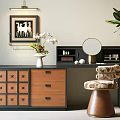 Classic Dressing Table With Wooden Drawers Round Mirror Decorative Stool Wall Art And Green Plant