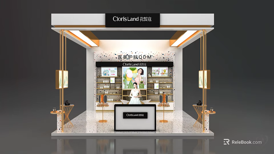 Elegant ClorisLand Exhibition Booth With Skincare Product Display Counter And Shelves Lighting 3d model 