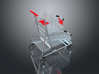 Empty Shopping Cart With Red Handles And Metal Frame On Reflective Surface 3d model