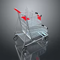 Empty Shopping Cart With Red Handles And Metal Frame On Reflective Surface