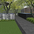 Garden Landscape Featuring Waterfall On Lawn Stone Wall Metal Railings Near Modern Building Trees