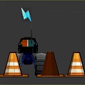 Gray Terrain With Black Vehicle Blue Flag And Orange Traffic Cones