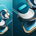 Luxury Perfume Cosmetics Packaging Design With Elegant Blue Bottle And Gold Accents