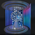 Interactive Light Installation With Dandelion Pattern Blue Purple Lighting And Woman Viewing