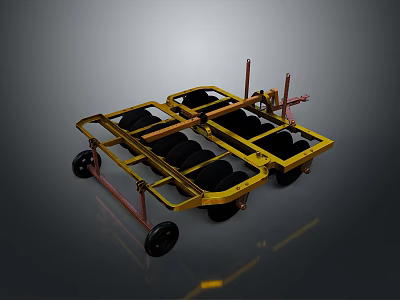 Yellow Frame Agricultural Machinery With Multiple Black Wheels And Metal Structure 3d model