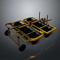 Yellow Frame Agricultural Machinery With Multiple Black Wheels And Metal Structure