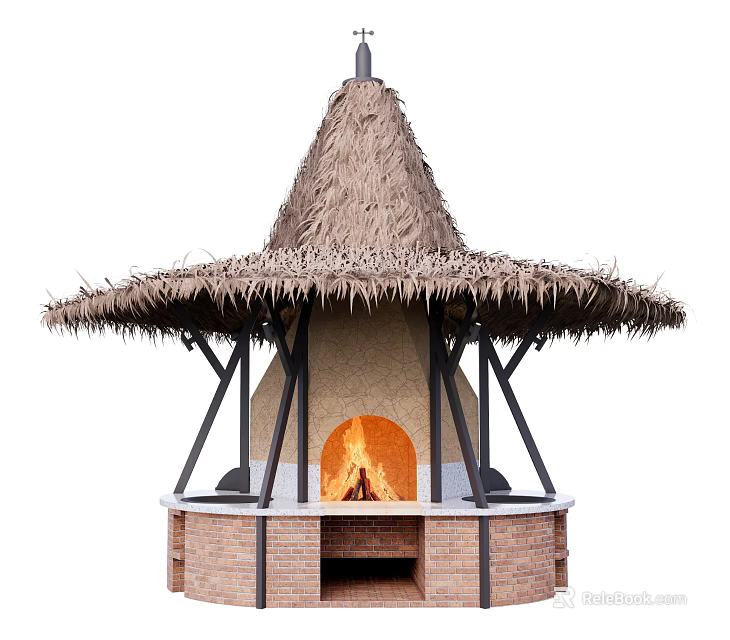 Cabinets In Rustic Outdoor Kitchen With Thatched Roof And Brick Fireplace 3d model 