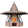 Cabinets In Rustic Outdoor Kitchen With Thatched Roof And Brick Fireplace