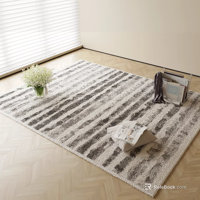 Square Gray and White Striped Rug on Herringbone Wooden Floor with White Flowers Magazines and Clothes 3d model 