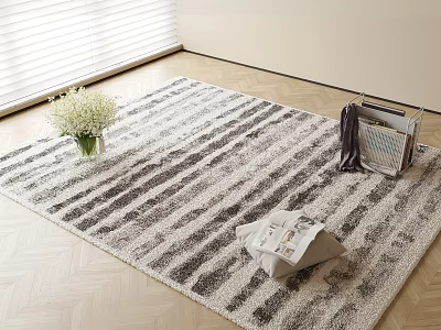 Square Gray and White Striped Rug on Herringbone Wooden Floor with White Flowers Magazines and Clothes 3d model