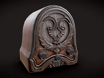 Vintage Wooden Headphone Speaker With Carved Heart And Leaf Motifs Knobs And Switch 3d model