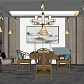 Hotel Mahjong Room Interior With Chinese Style Furniture And Landscape Painting Pendant Light 3d model