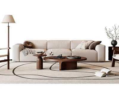 Modern Beige Sofa And Coffee Table Set With Wooden Tabletop Area Rug Floor Lamp And Cushions 3d model