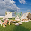 Scenic Camping Camp With Green Lawn Teepee Tents And Winding White Paths