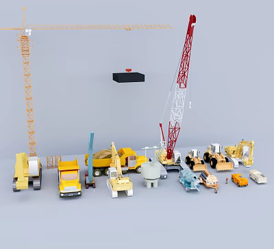 Various Types of Industrial Equipment Including Cranes Trucks Rollers and Machinery 3d model