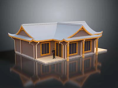 Traditional Architecture with Curved Eaves Large Windows Light Gray Roof Yellow Trim and Brown Walls 3d model